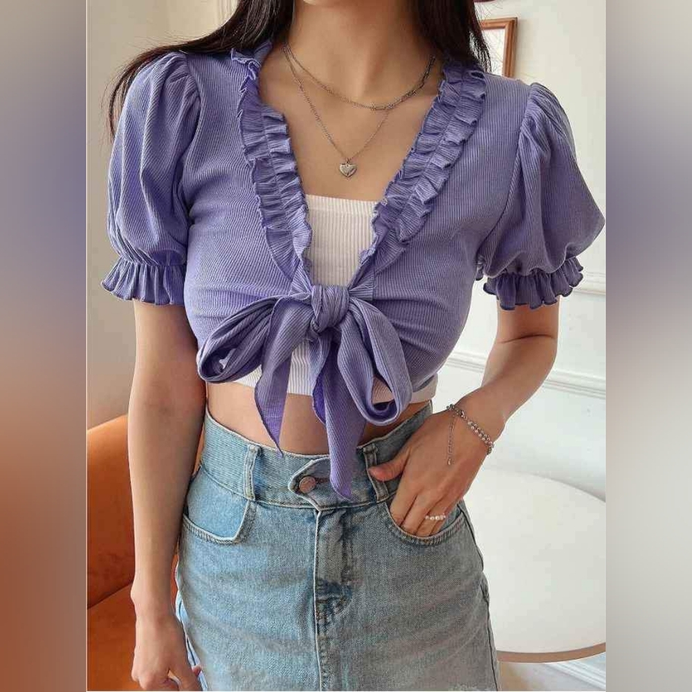 Lavender Puff Sleeve Crop Top Size L